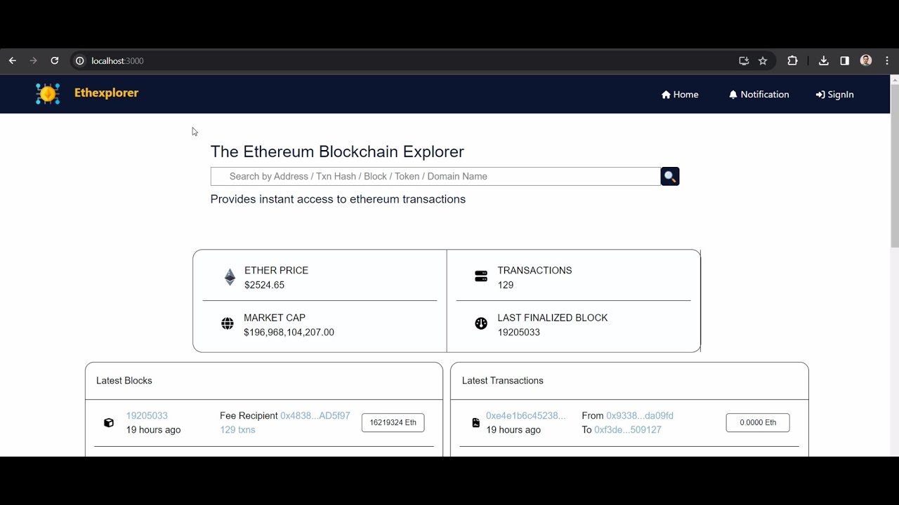 The Ethereum Blockchian Explorer (MERN Stack) project