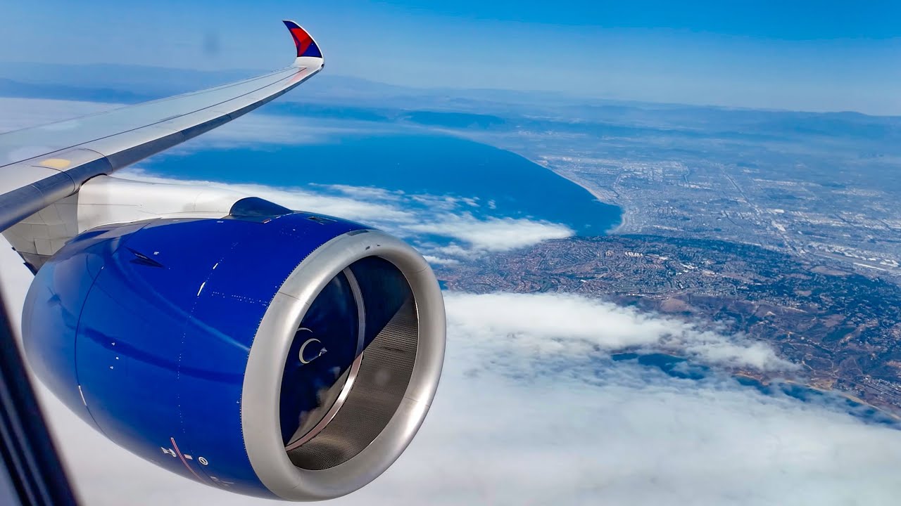 DELTA A350 ROARING OUT OF LOS ANGELES!!!! ENGINE AND WING VIEW! DELTA AIRBUS 350-900 - W/ ATC AUDIO