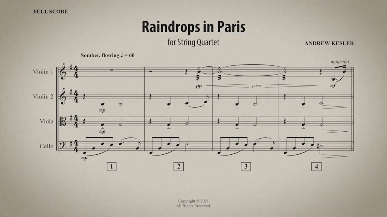 Raindrops in Paris - by Andrew Kesler [Score Video] for String Quartet