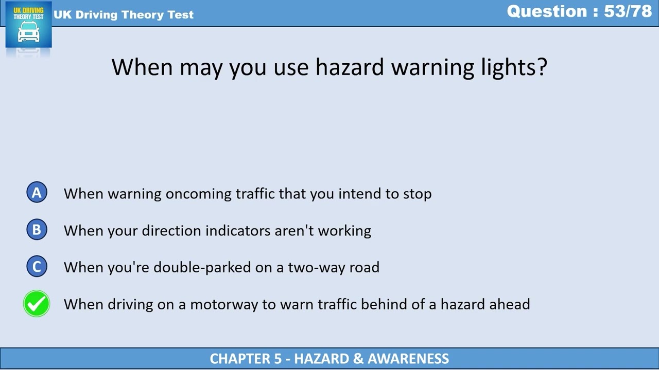 When Should You Use Hazard Warning Lights? | UK Driving Theory Test