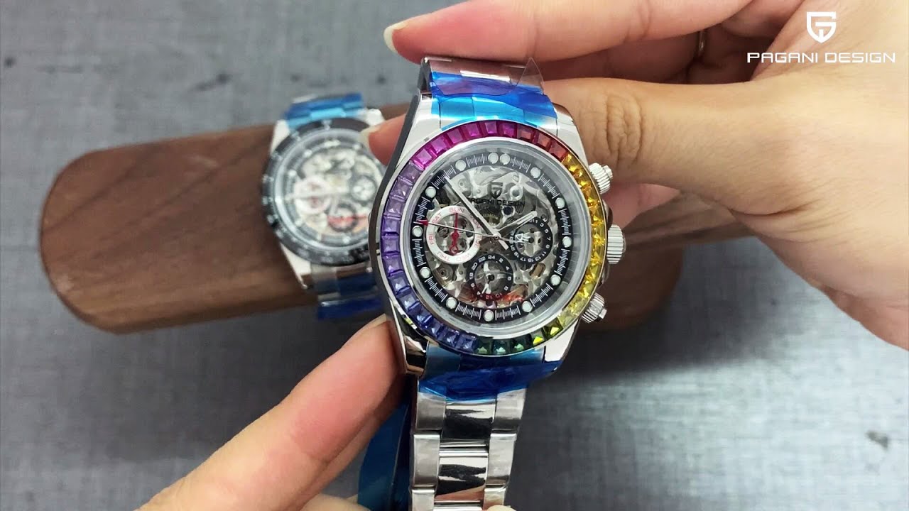 PAGANI DESIGN PD1653 Men's Skeleton Automatic Watches Stainless Steel Wristwatch with Rainbow Bezel