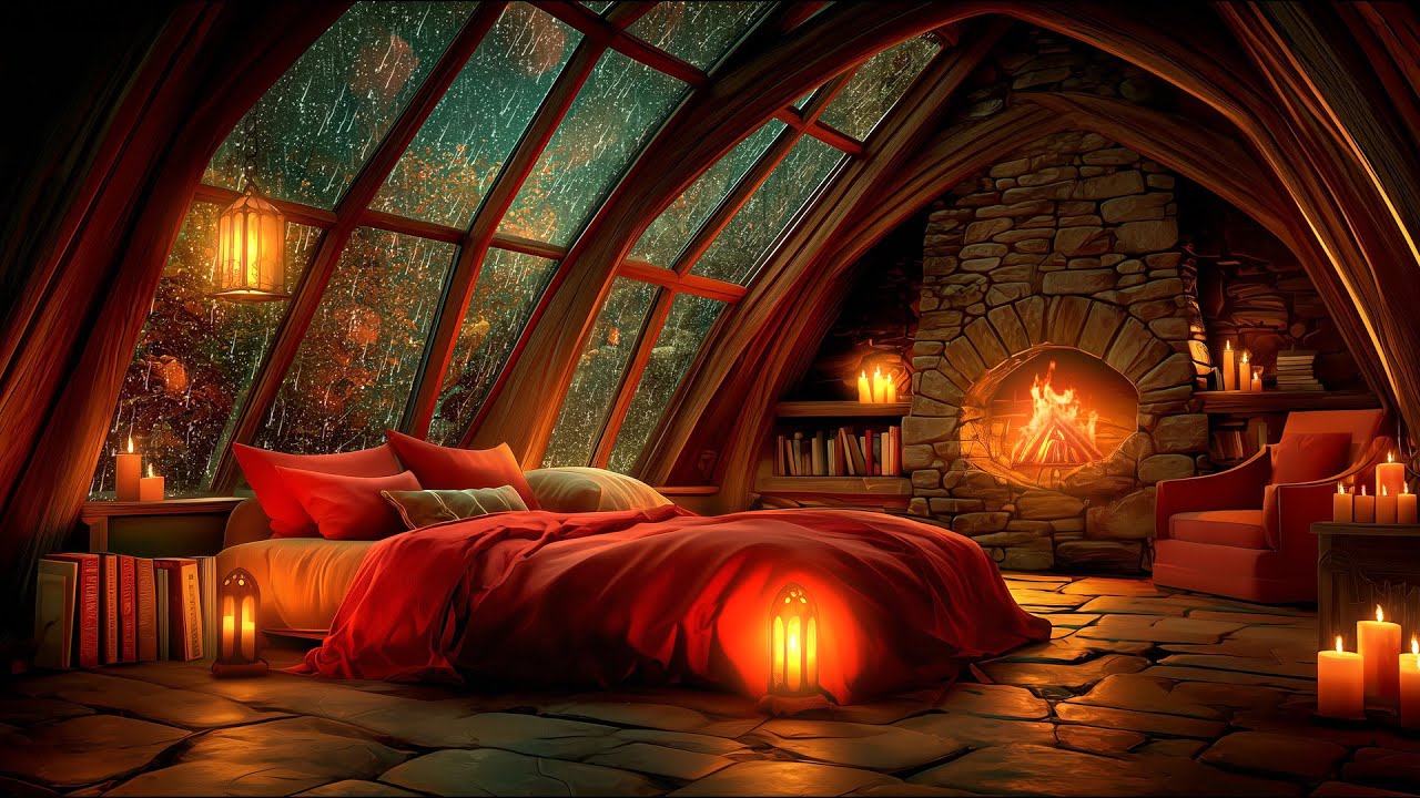 Heavy Thunderstorm in a Charming Little Castle Room with Rain and Fireplace Sounds to Sleep