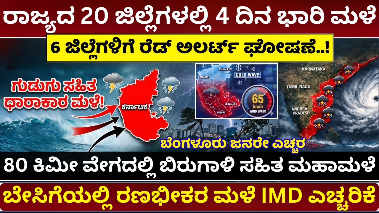 Rain Alert: ರಾಜ್ಯದ 15 ಜಿಲ್ಲೆಗಳಲ್ಲಿ 4 ದಿನ ಭಾರಿ ಮಳೆ ರೆಡ್ ಅಲರ್ಟ್ | ಗಂಟೆಗೆ 70 ಕಿ.ಮೀ ವೇಗದ ಬಿರುಗಾಳಿ ಮಳೆ