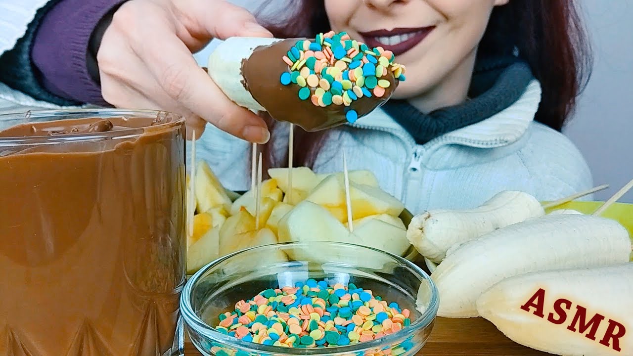 ASMR Dessert: Chocolate Dipped Bananas & Apples with Colorful Sprinkles | No Talking
