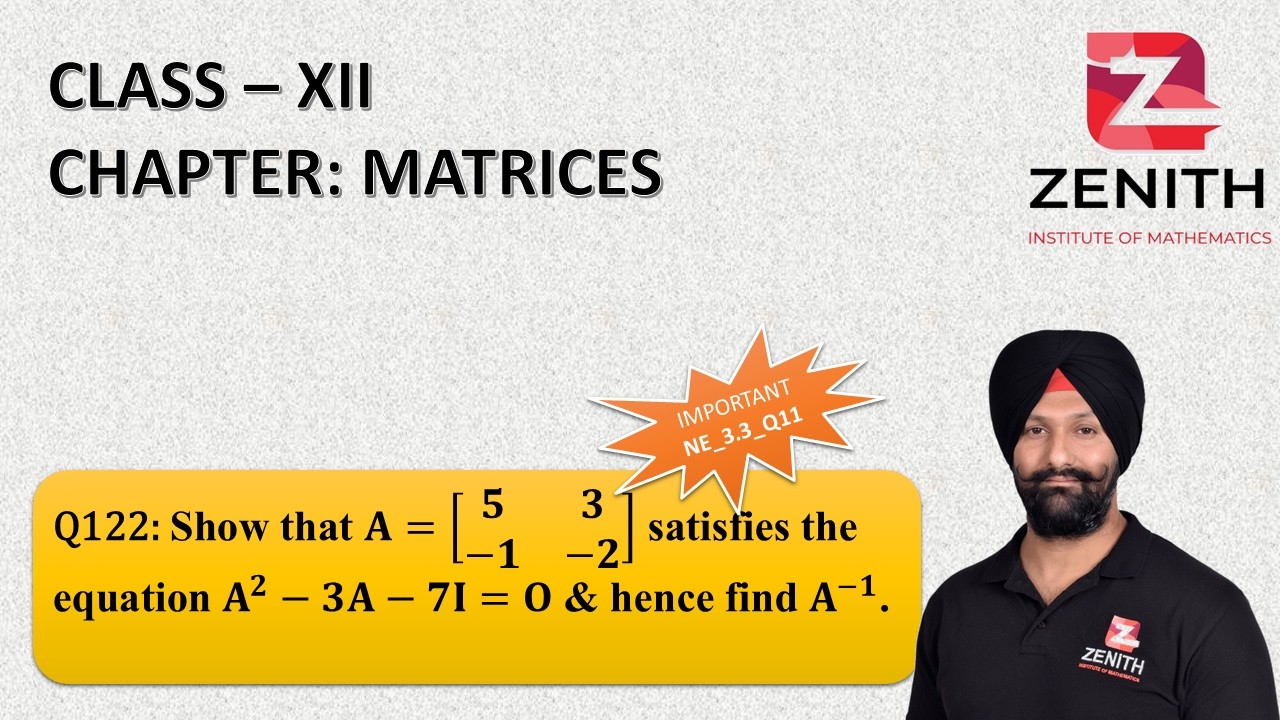 Show that 𝐀=[■8(𝟓&𝟑@−𝟏&−𝟐)] satisfies the equation 𝐀^𝟐−𝟑𝐀−𝟕𝐈=𝐎 & hence find 𝐀^(−𝟏)........Q122
