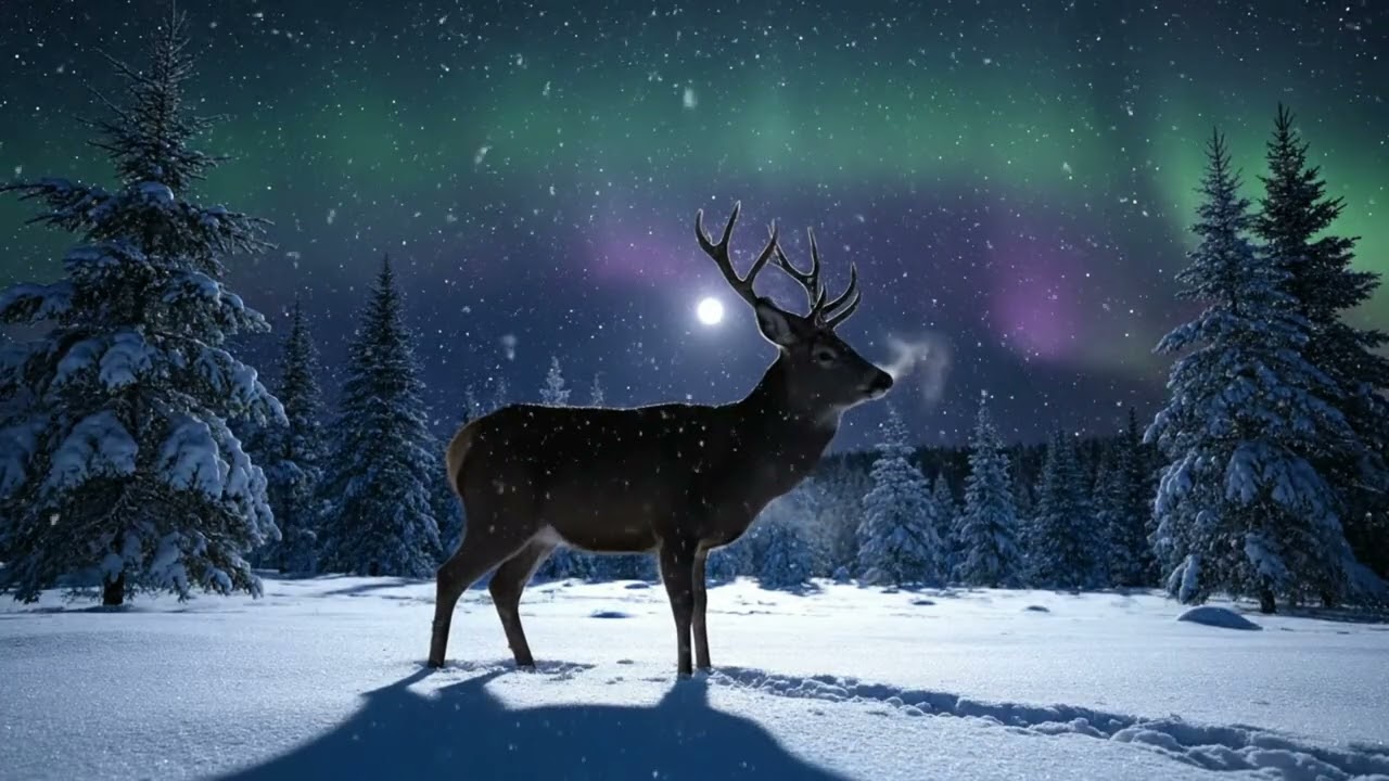 Deer in the Snow 🦌 Night Animal Relax  10 Hours Aurora Sky Winter Forest Ambience