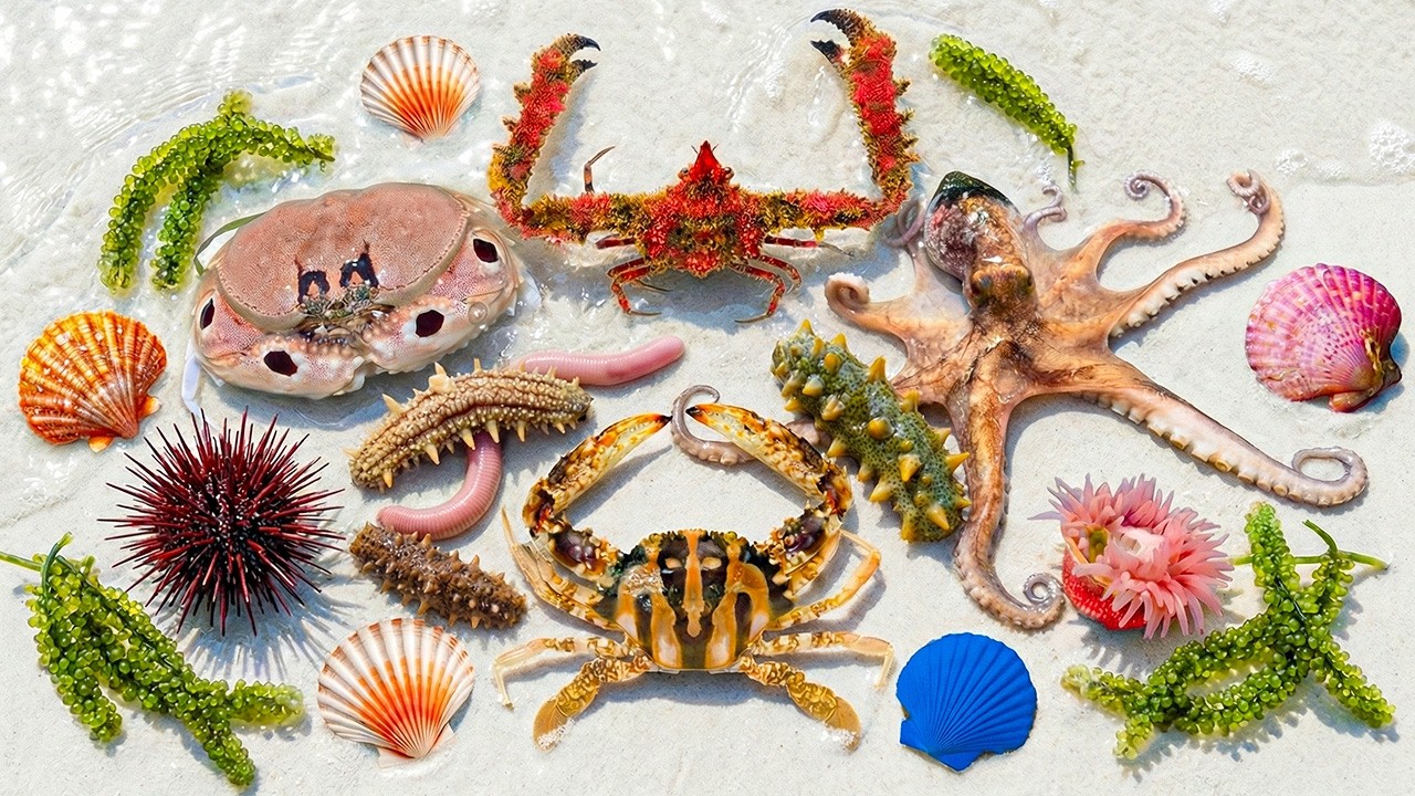 🌊 Coastal Foraging Adventure: Octopus 🐙, Clinging Crab 🦀, Sea Urchin 🦔, Sea Cucumber 🥒Clam 🐚