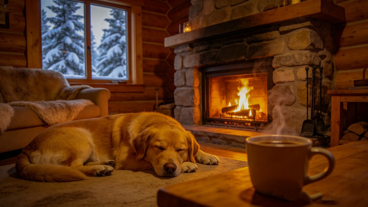 Cozy Cabin Night Ambience 🔥 Relaxing Piano, Sleeping Dog & Fireplace Warmth for Focus & Calm