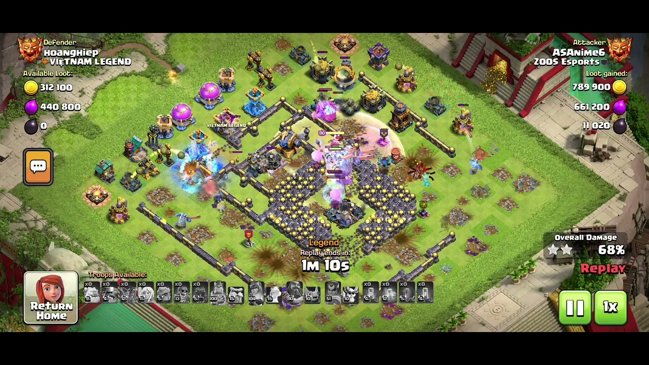 COC. TH18 legend modifier 3 stars attacks. Throwers with totems. Not maxed heroes.