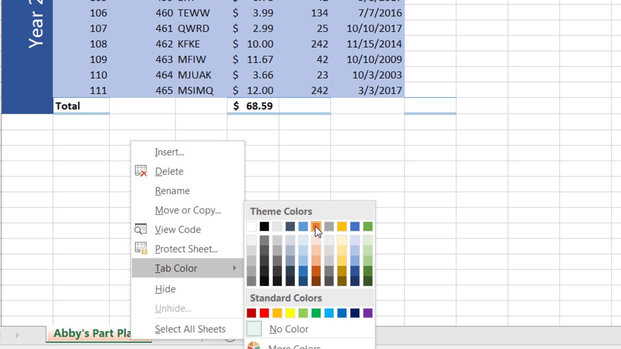MS Excel Change Sheet Name and Tab Color