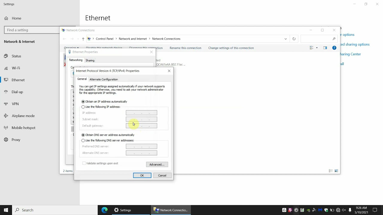 Windows 10, changing ethernet IP address