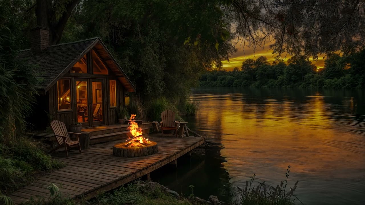 Day 30: Cozy Cabin by the Lake – Evening Fire Ambience in the Mountains 🔥🌲🏞️