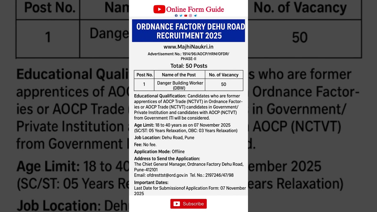 Ordnance Factory Dehu Road Bharti 2025 | Apply Offline #shorts #job #punejobs