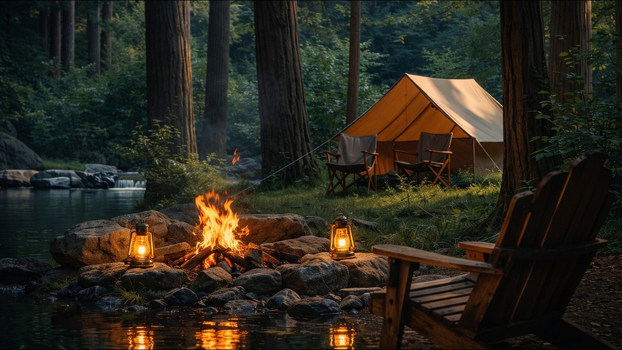 Deep Sleep Forest Lake CAMPFIRE with Camp ,Trees , Stress Relief, Fire, Meditation - ASMR