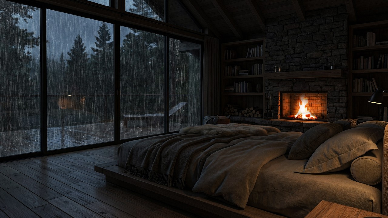 🌧️ Heavy Rain Sounds for Deep Sleep | Cozy Cabin Fireplace