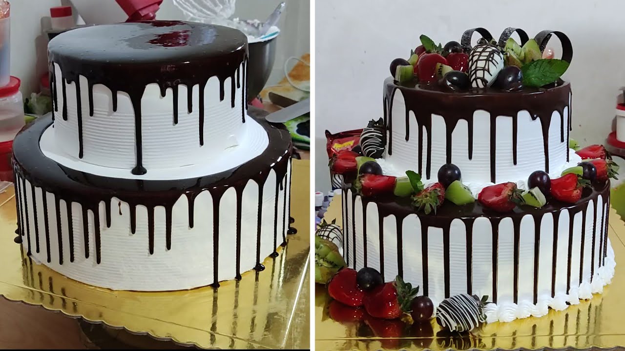 Pastel de chocolate de 2 pisos con variedad de frutas | tortas de 2 pisos con ganache y frutas