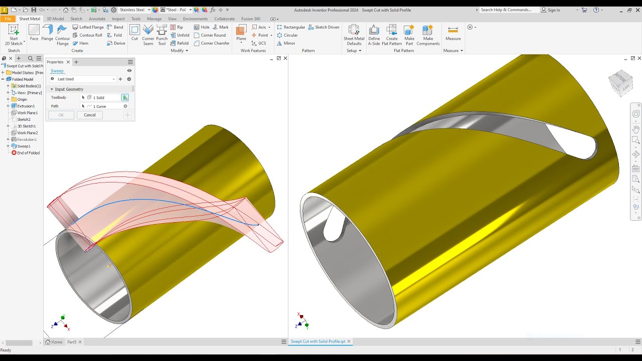 Autodesk inventor Swept Cut with Solid Profile  Exercise 55