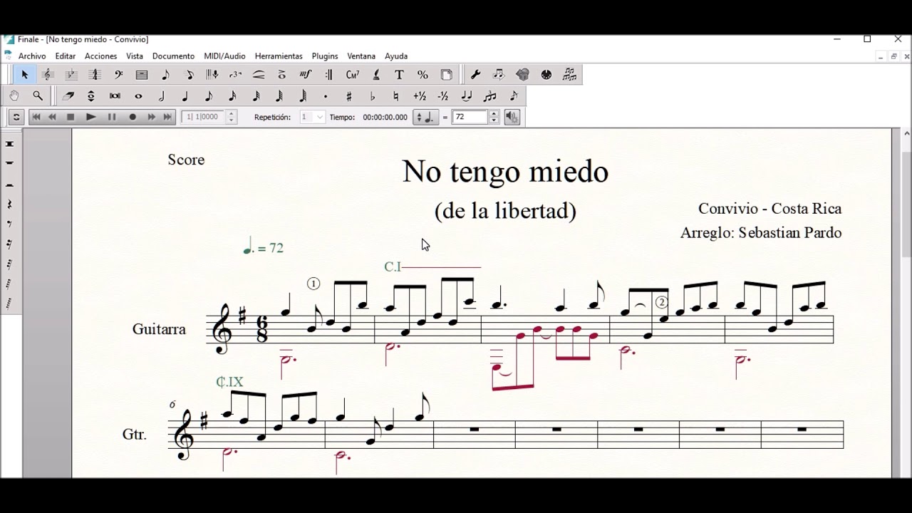Cejilla, cuerda y digitación de Guitarra - Finale