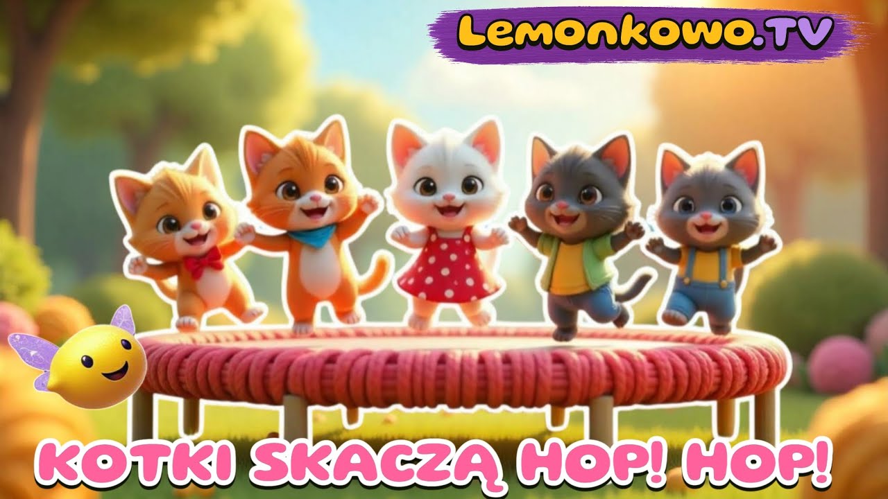 Piosenki dla dzieci😆5 malutkich kotk&oacute;w😺😸😽😹😻na wł&oacute;czkowej trampolinie HOP!HOP! Hura śpiewaj z nami!