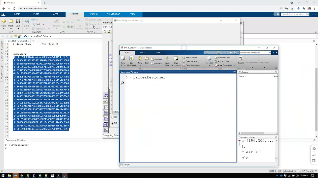 Генерация коэффициентов фильтра с помощью MATLAB Filter Designer