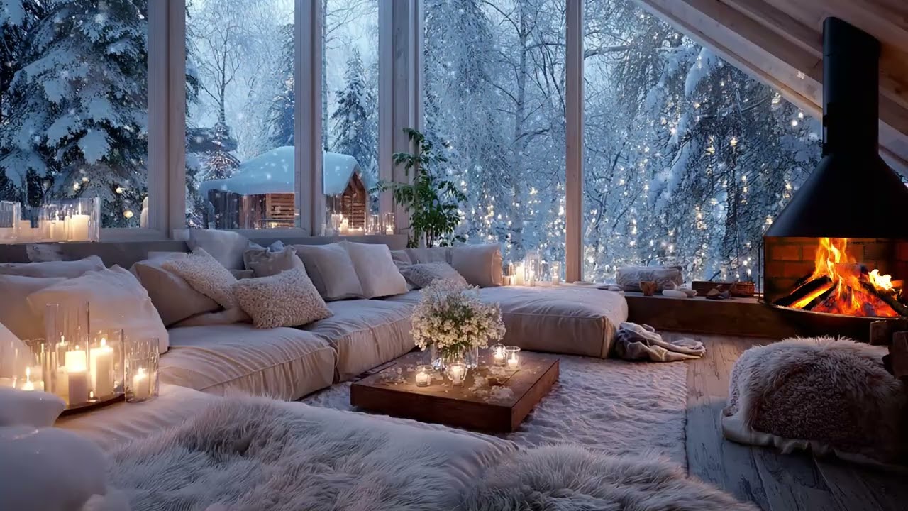 🎹 Winter Piano in White Room | Snowy Window View Fireplace for 3 Hours | Chill Study Calm Meditation