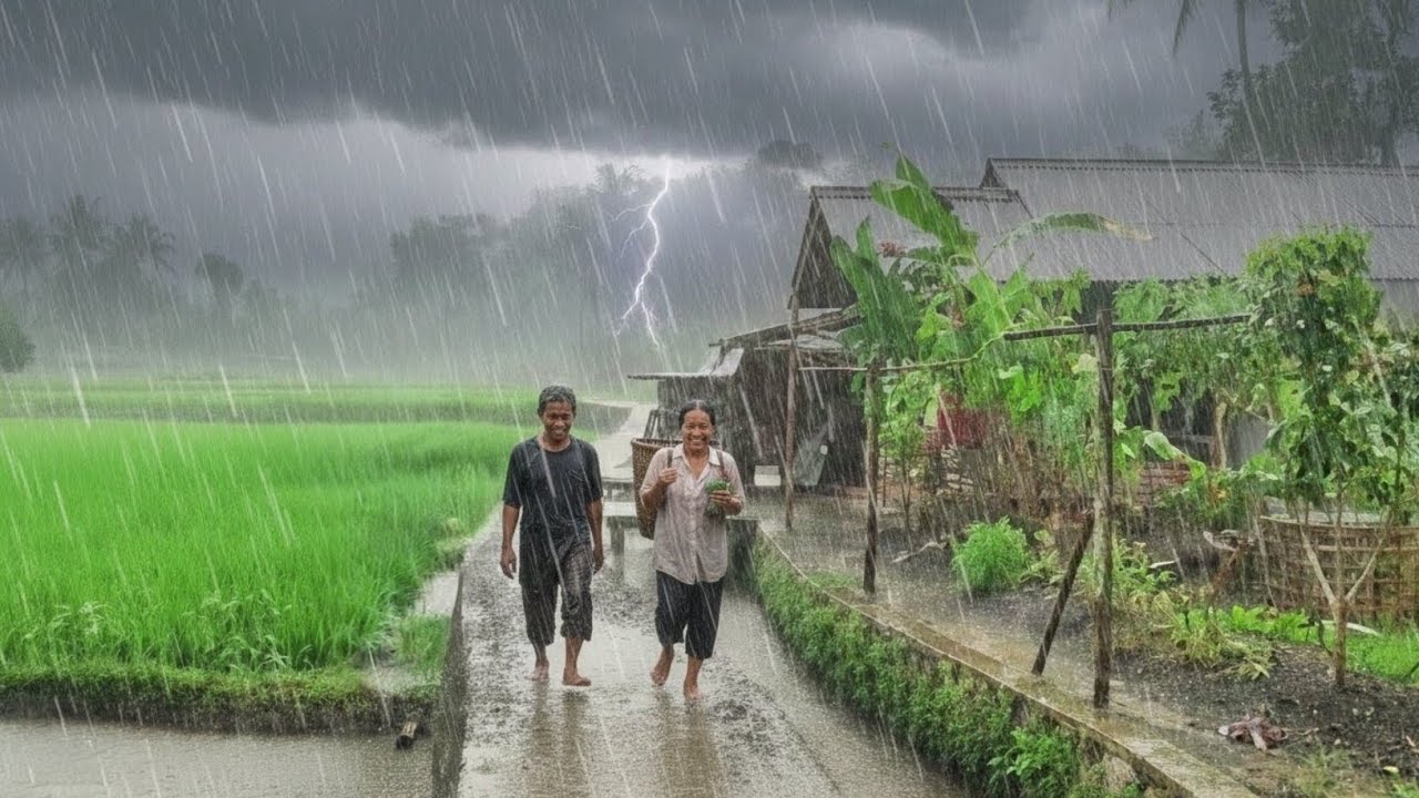 HEAVY RAIN AND LIGHTNING IN MOUNTAIN VILLAGE LIFE, THUNDERSTORM AND STRONG WINDS FOR RELAXING