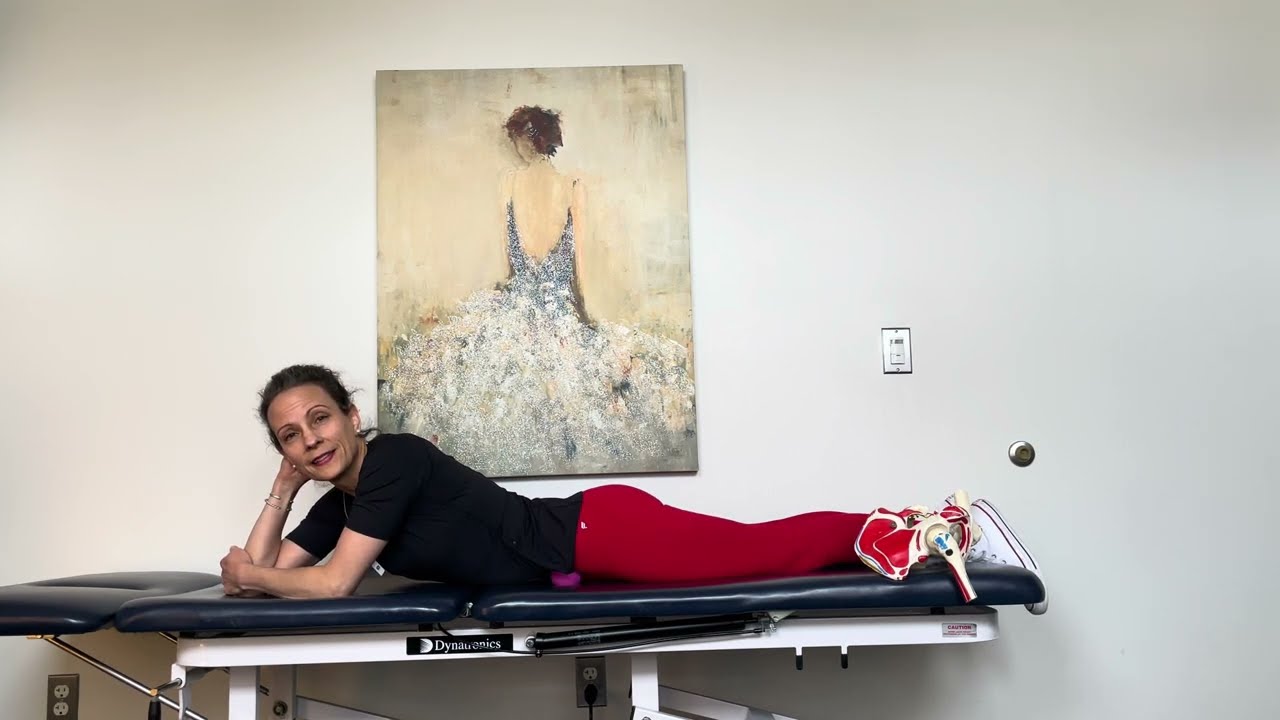 Prone hip flexor release with a lacrosse ball