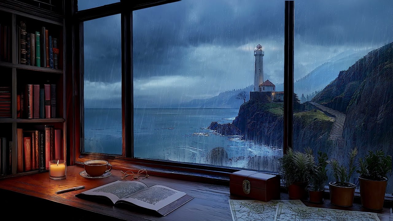 🌧️ Cozy Lighthouse Study Room Ambience 🌧️ Rain & Thunder Sounds for Focus, Study & Relaxation 📚✨