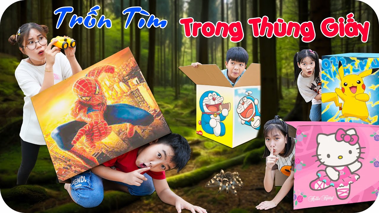 Trốn Tìm Theo Nhân Vật Doraemon, Hello Kitty, Pikachu Trong Thùng Carton ♥ Min Min TV Minh Khoa