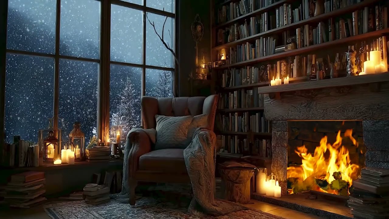 Snowy Night Piano Lounge | Crackling Fire & Gentle Piano 3 Hours | Deep Sleep Relax
