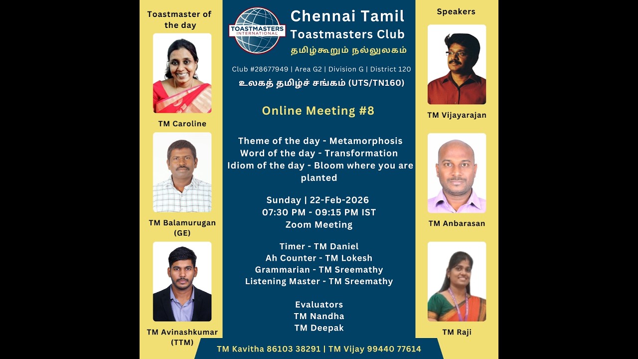 Chennai Tamil Toastmasters Club - Meeting #35 | Saturday | 7:30 PM - 9.15 PM IST | 21-Feb-2026