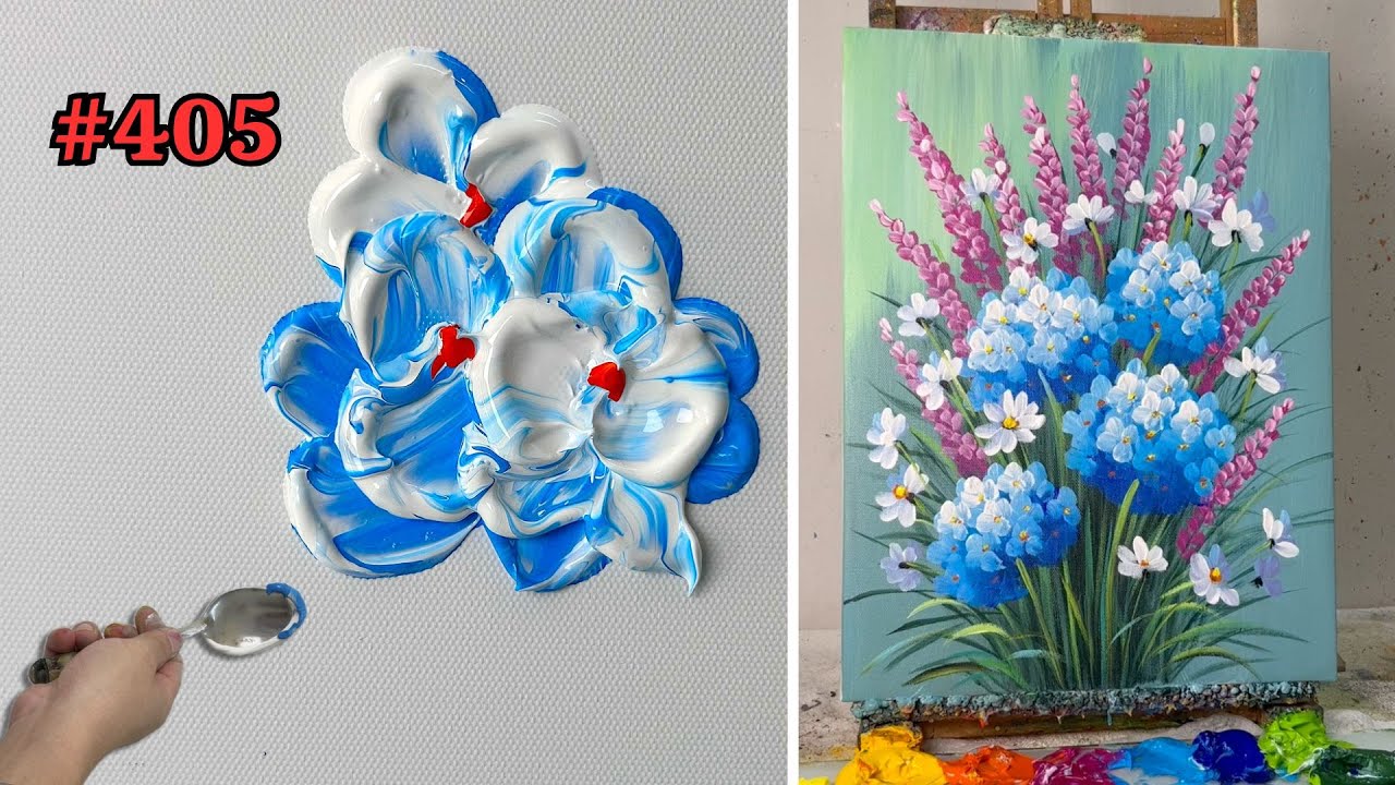 How to Paint a Hydrangea & Lavender Floral Bouquet | Easy Acrylic Flower Painting Tutorial #405