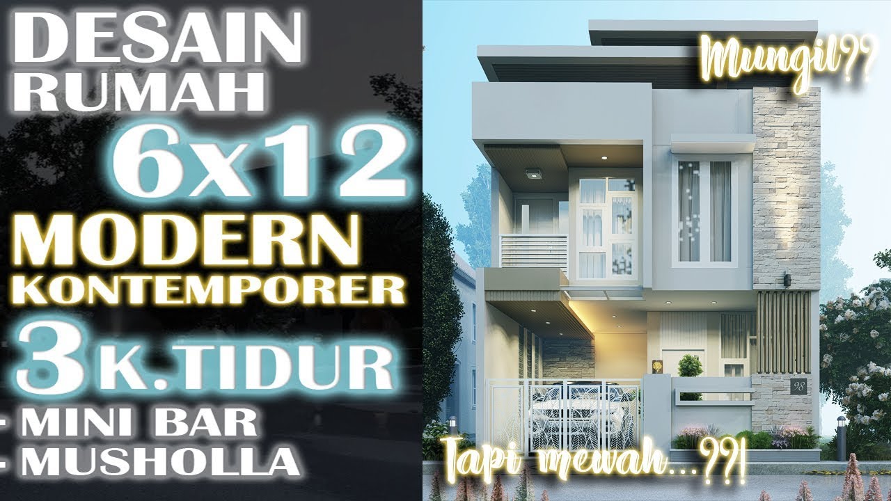 Desain rumah modern kontemporer 6x12 dengan 3 kamar tidur
