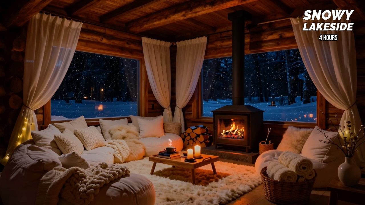 Dark Cozy Log Cabin Ambience ❄️🔥 Snowy Lakeside Night, Fireplace & Cozy Glow (4 Hours)