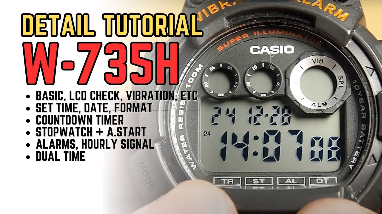 Casio W-735 Detailed Settings Tutorial: W735H W 735 W 735H Vibration Alarm