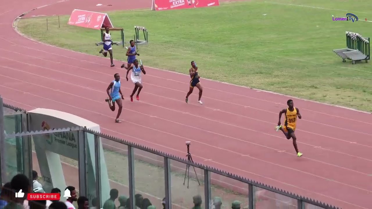 Amass Phobia wins boys 4x400m heat 1. 3:22.61sec. SuperZonals 2026. Ashanti region.