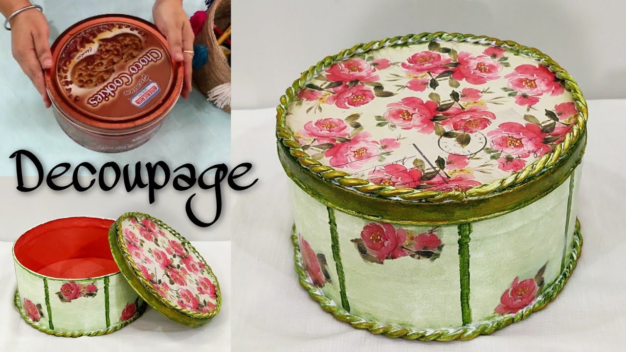 How to Decoupage a Metal Tin/ Upcycle and Decoupage Tin Box/ DIY Beautiful Jewelry Box