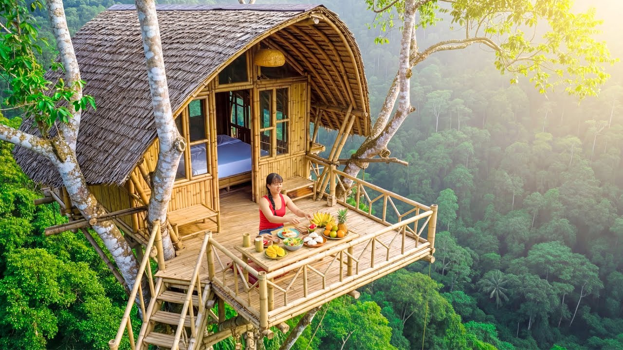 A Young Woman Solo Camping in the Forest, Building a Treehouse - Cooking In The Wild