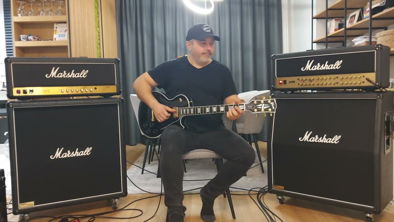 Полный комплект Marshall JVM410H с усилителями 1960AV и 1960BV, гитара Gibson Custom Shop LP Cust...