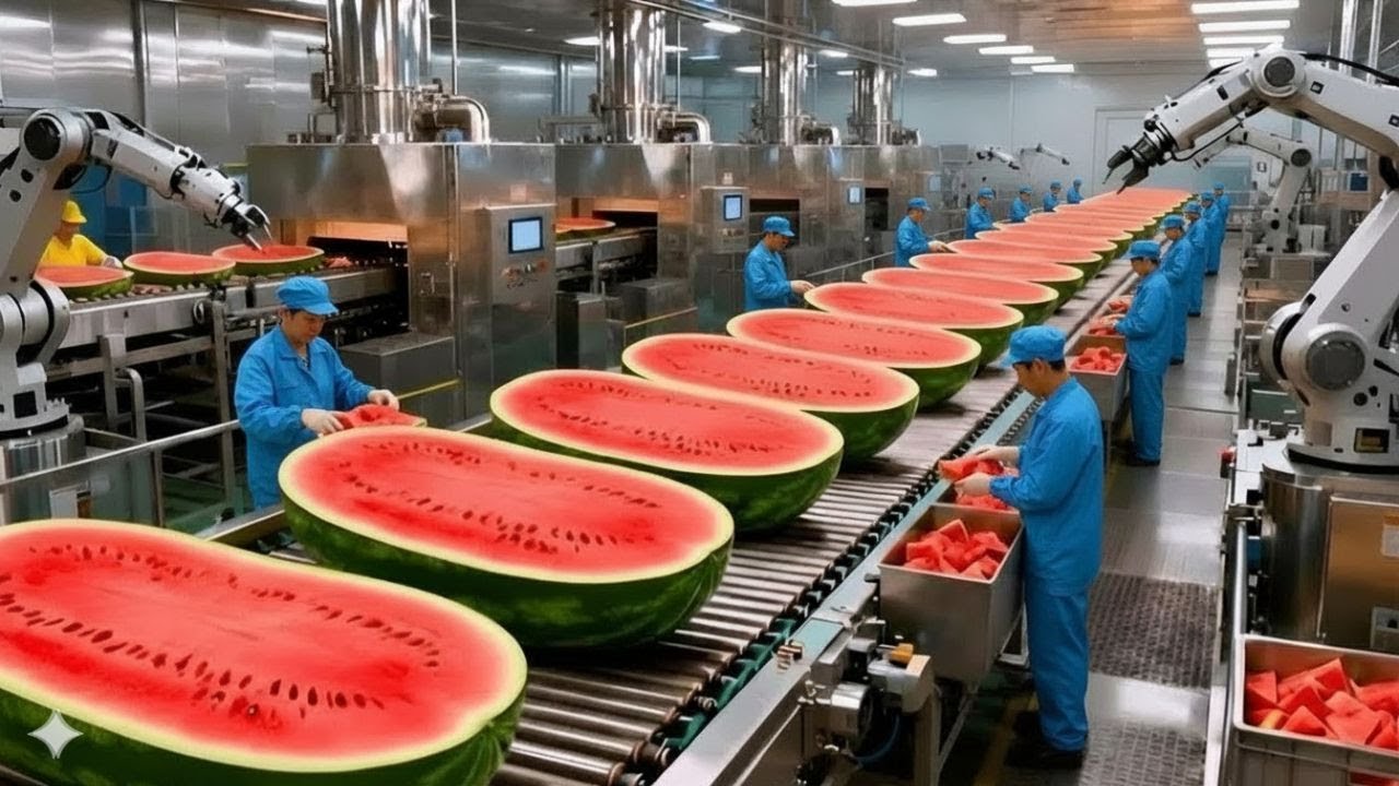 Inside una Fábrica Moderna de Sandía Cómo las Sandías Enteras se Transforman en Jugo Rojo Dulce