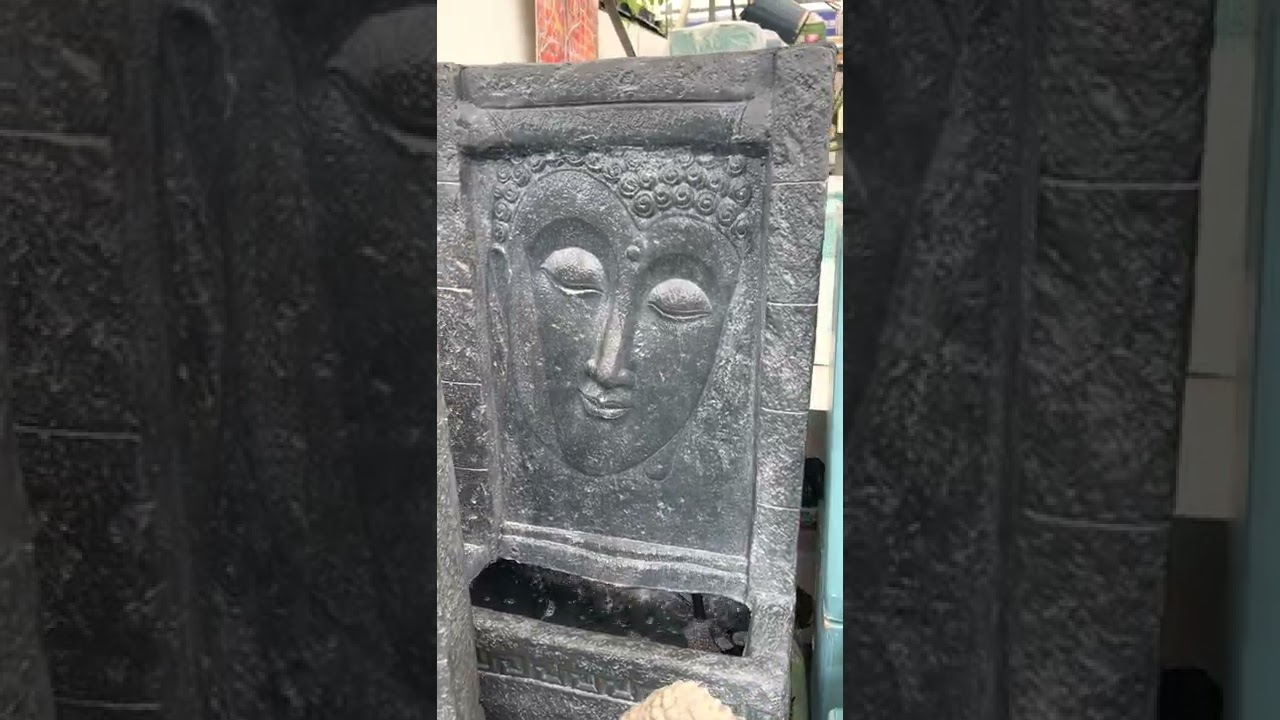 Large Buddha Face Grey Stone Sheet Water Feature / Fountain with LED Lights - 95cm