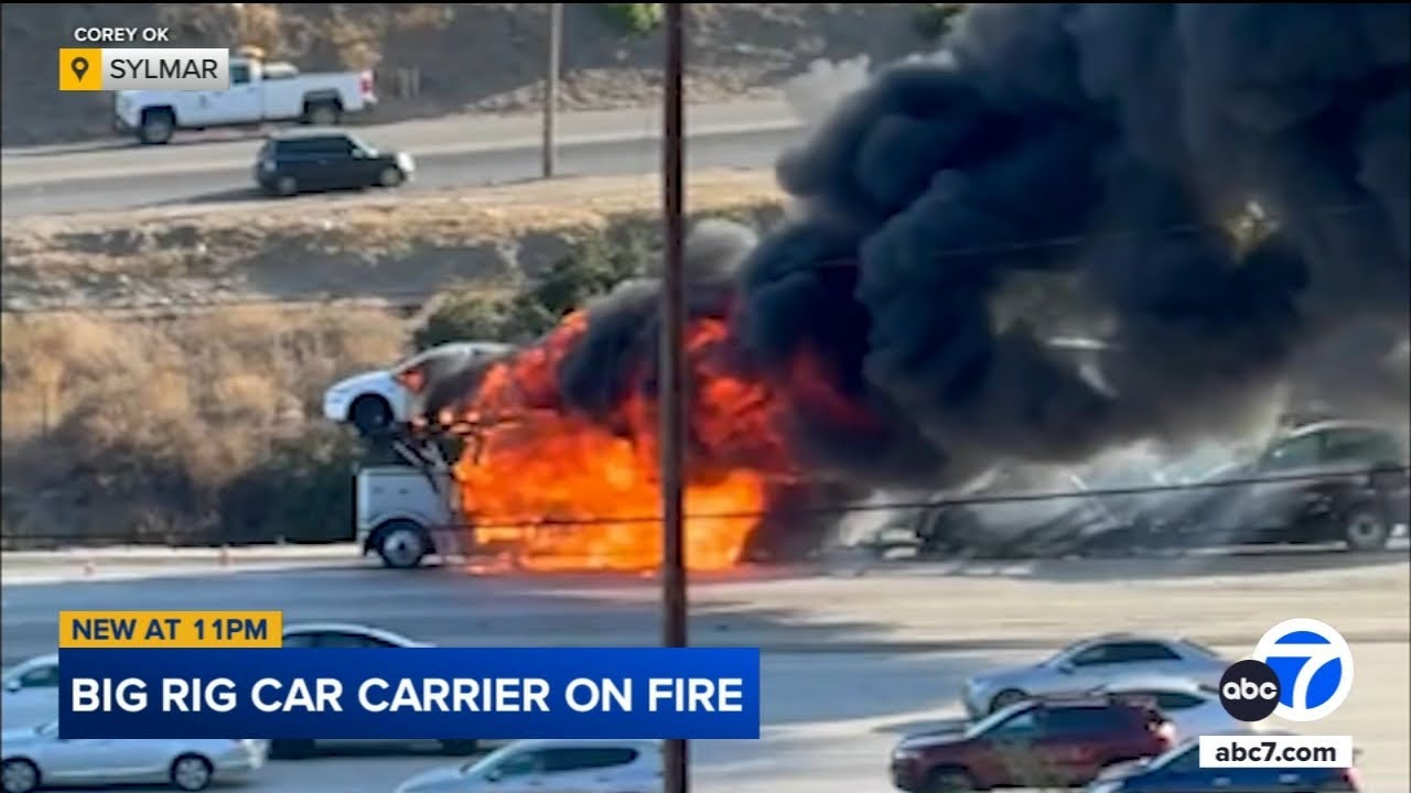 Big rig hauling Teslas catches fire on Los Angeles highway