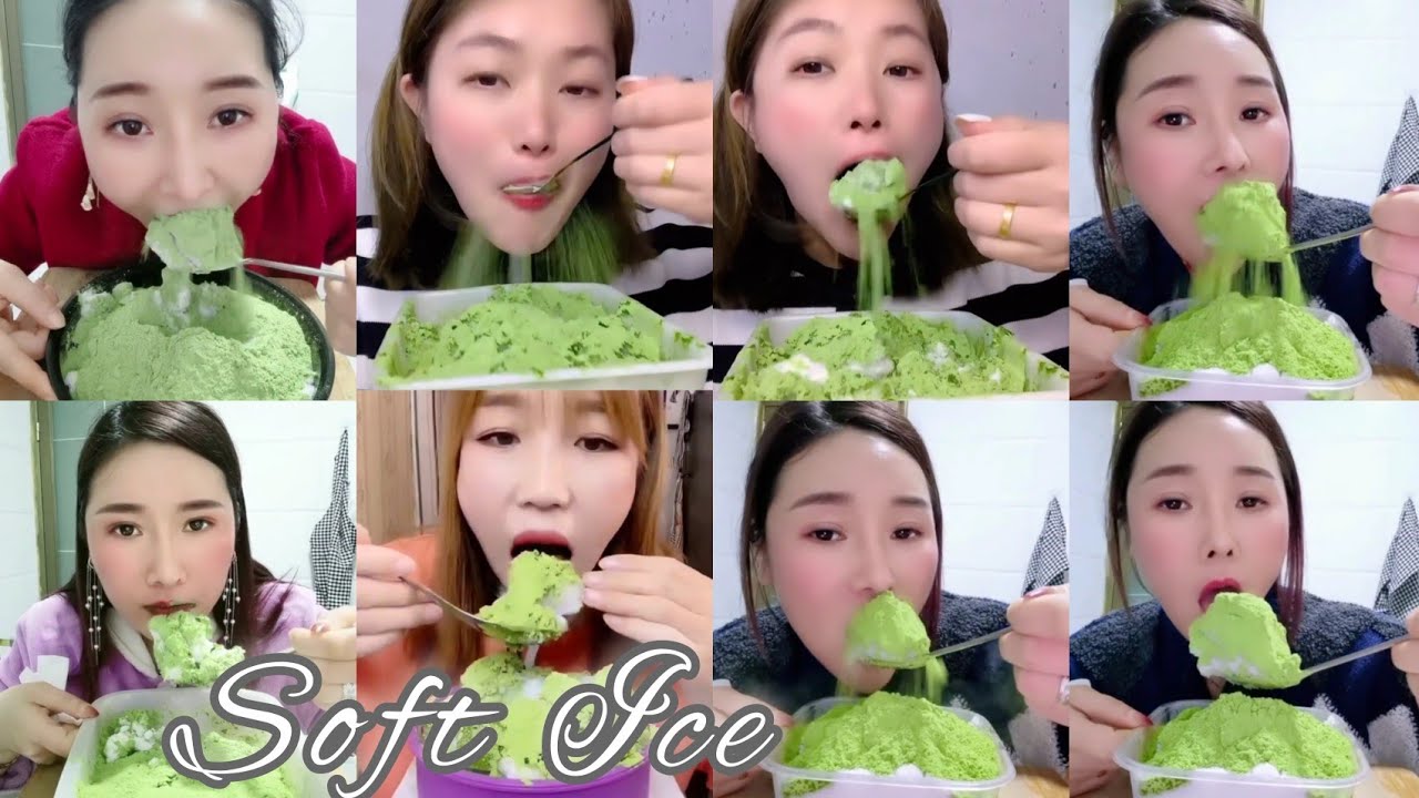 ASMR: Heavy Matcha green Powder Ice| Soft Ice| Hard Ice| White Ice eating |V-Good Crunchy Ice