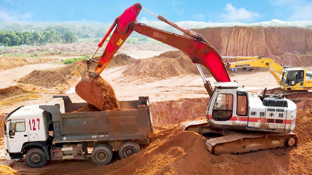 Excavator Loading Mercedes & MAN Trucks Transport Dirt on Construction Site- Sotiriadis Mining Works
