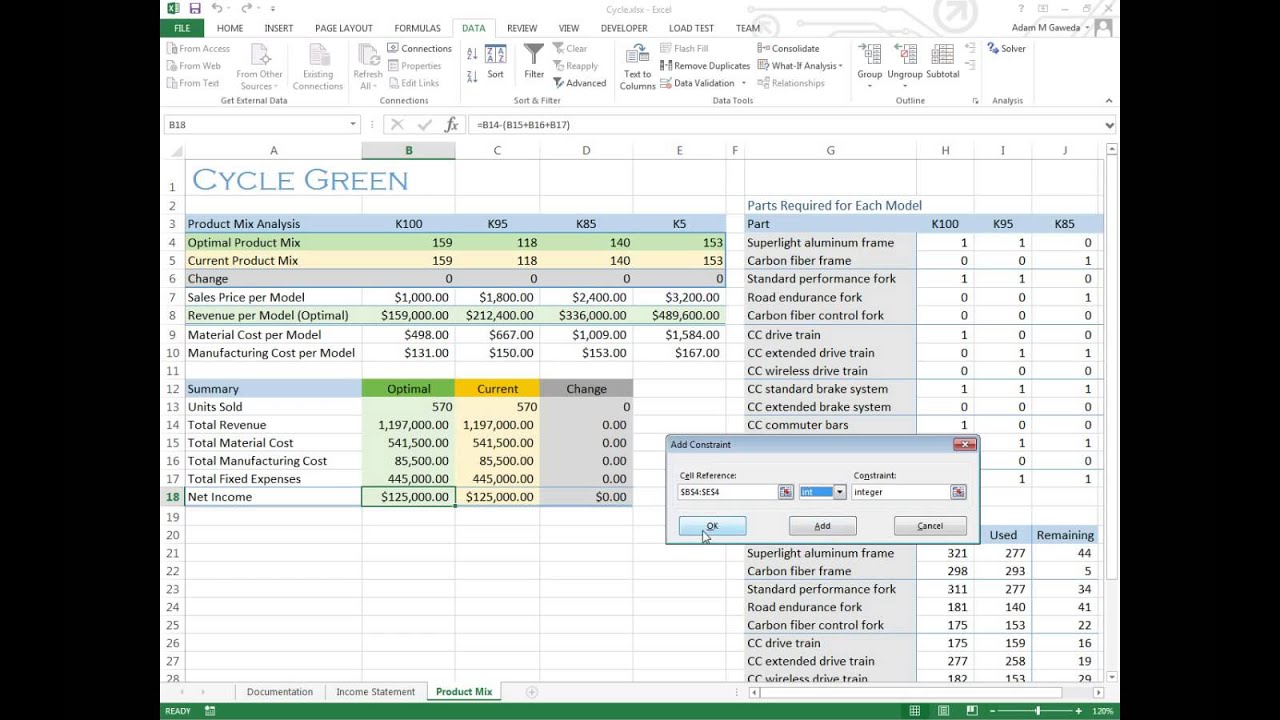 Using the Solver Add In to Find an Optimal Product Mix in Excel