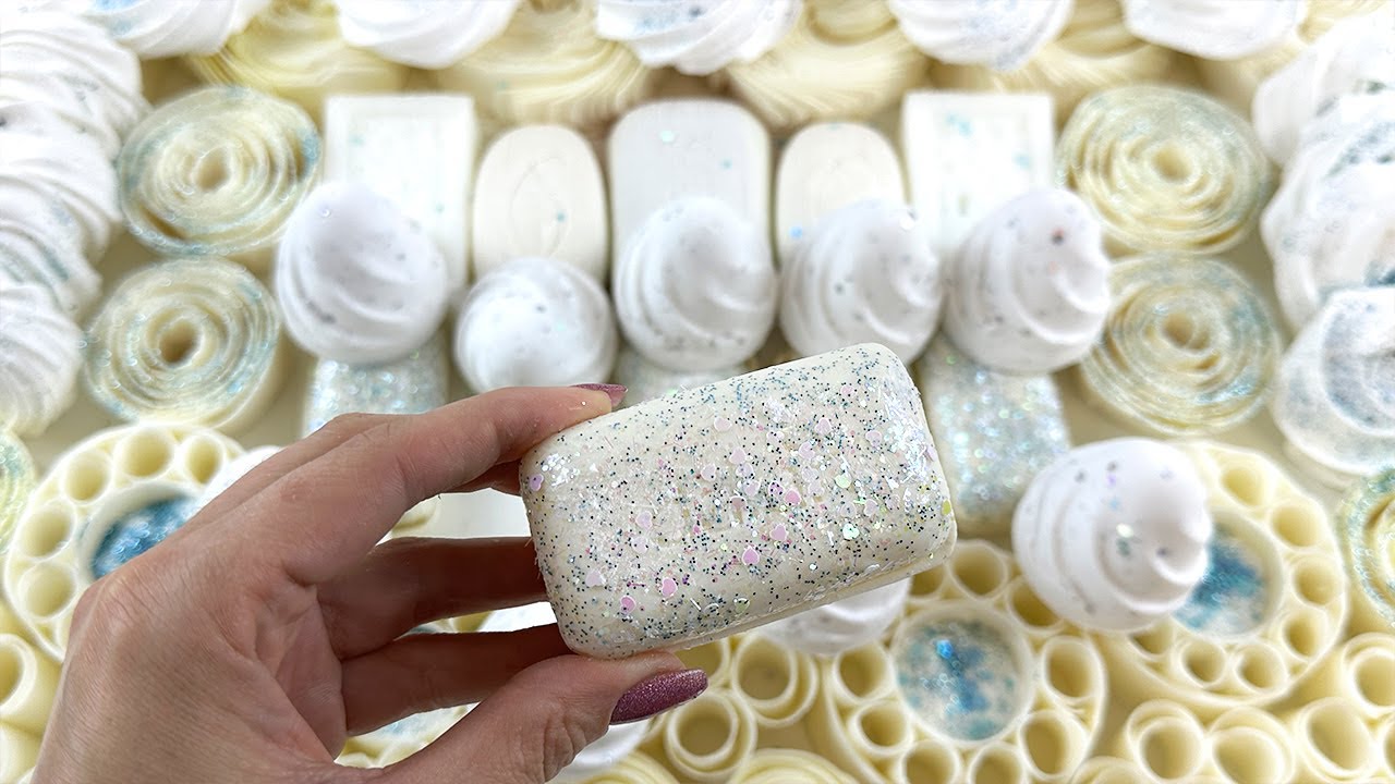 Carving soap cubes. / Soap boxes with glitter, boxes with starch. Baking soda. / ASMR Soap.