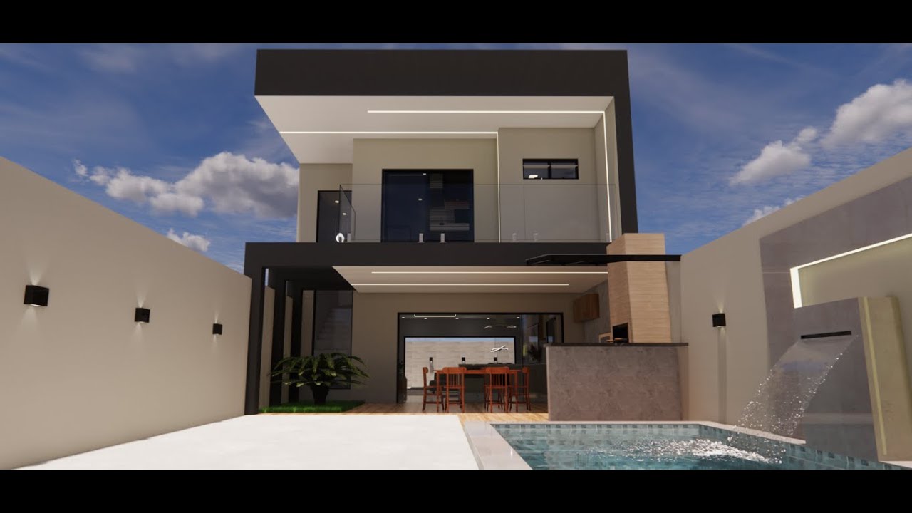 Projeto Casa 7X20 - Fachada moderna com Área Gourmet e Piscina