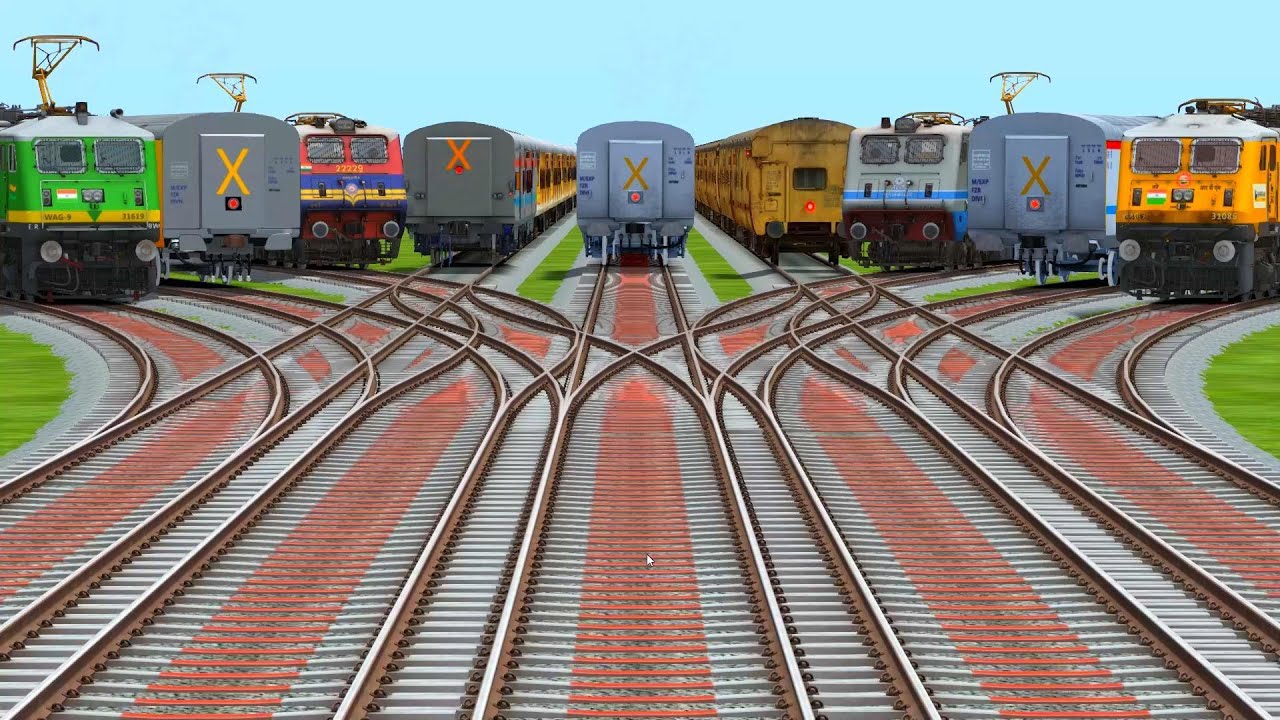 📥9 Trains Run Backward & Forward By Curves Branched Railroad Junction | railways crossing 