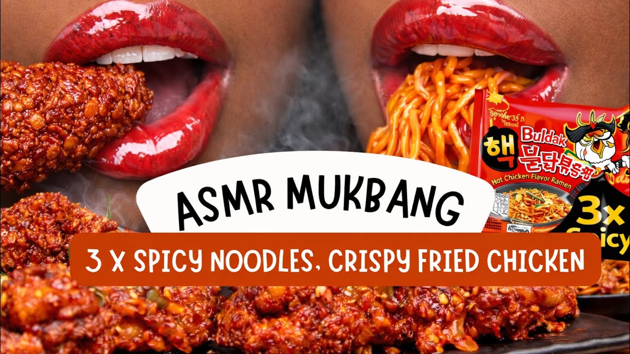 ASMR EATING MUKBANG I 3X SPICY NOODLES, CRISPY FRIED CHICKEN ! no talking, eating sounds