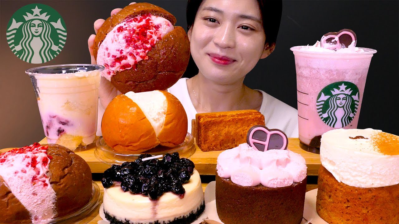 🎂스타벅스 신메뉴🍰블랙핑크 콜라보 음료와 브리오쉬 크림번 케이크들 먹방❤ | Starbucks dessert ASMR Mukbang